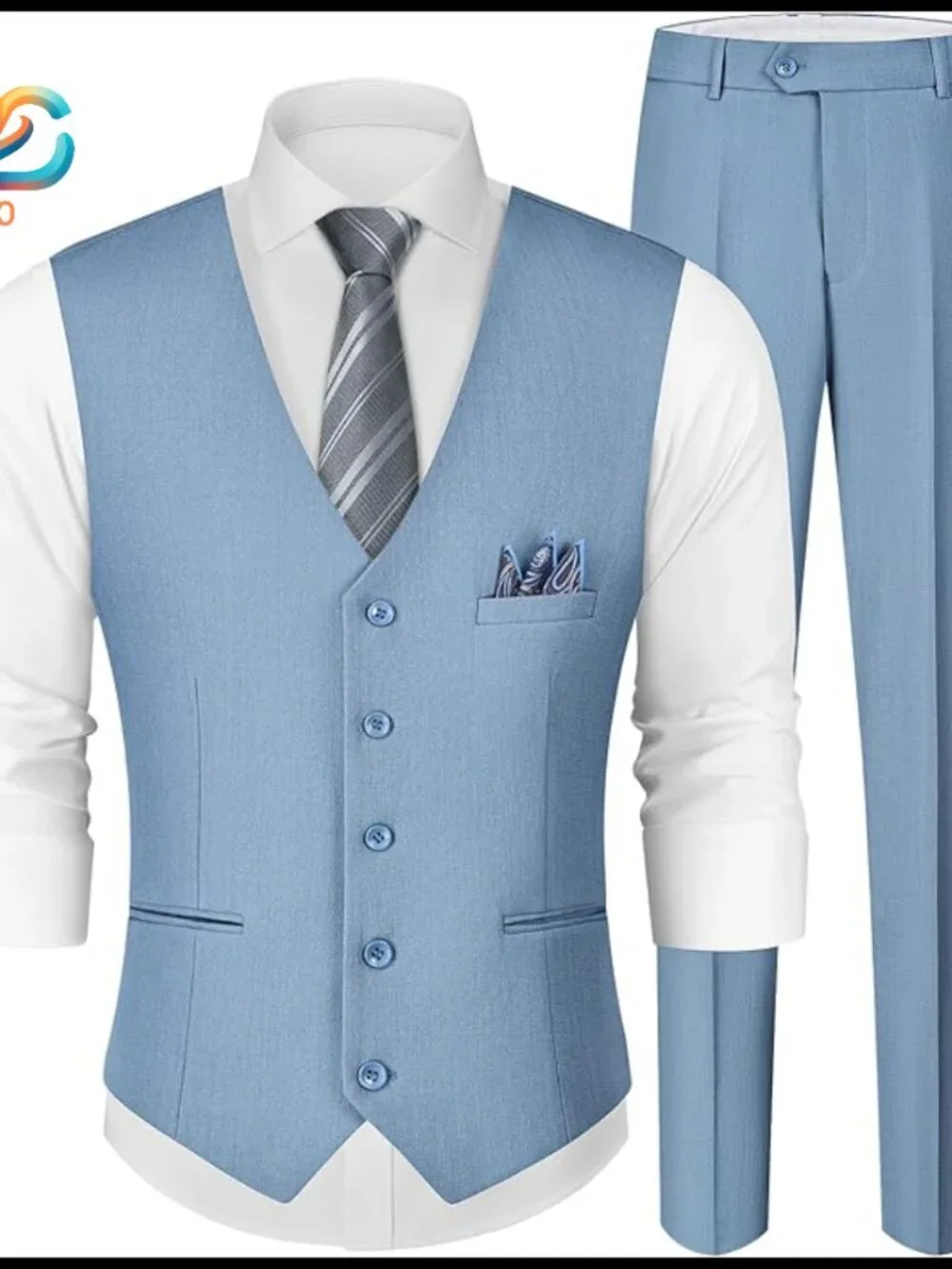 Men's Linen Slim Fit 3-Piece Suit Vest Pants Set with Pocket Square